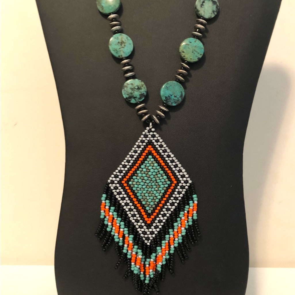 Handmade Beadweaving Pendant With Turquoise Stones Boho Necklace